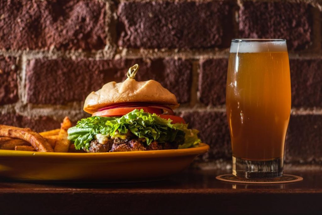 A pint, a burger, and french fries at Elm City Brewery in Keene, NH