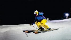 Crotched Mountain skier on a night ski run